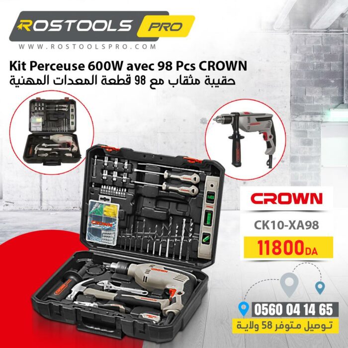 Kit Perceuse 600W avec 98 Pcs CROWN