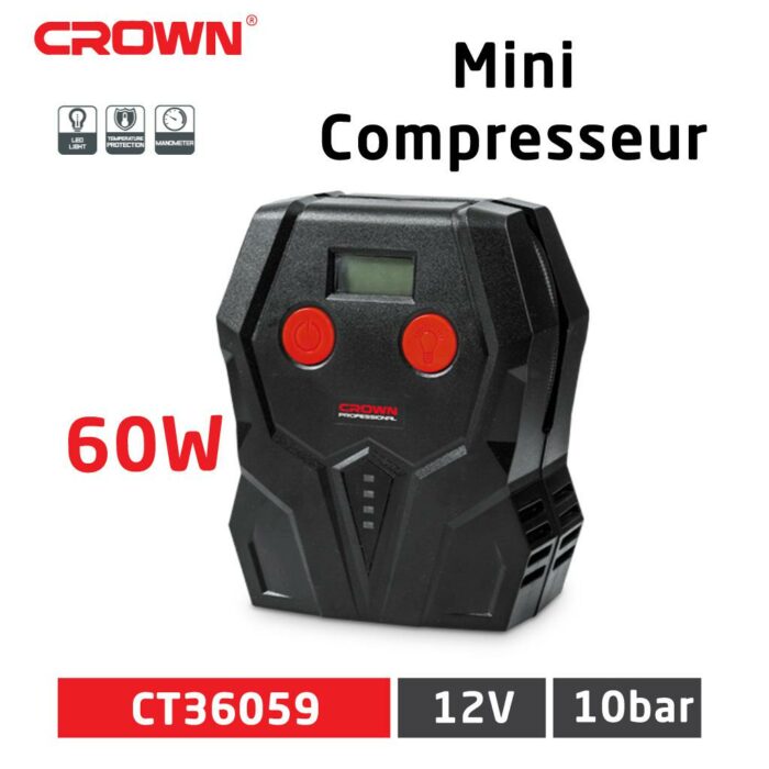 Mini Compresseur 10 Bar 12V 60W CROWN Allume Cigare